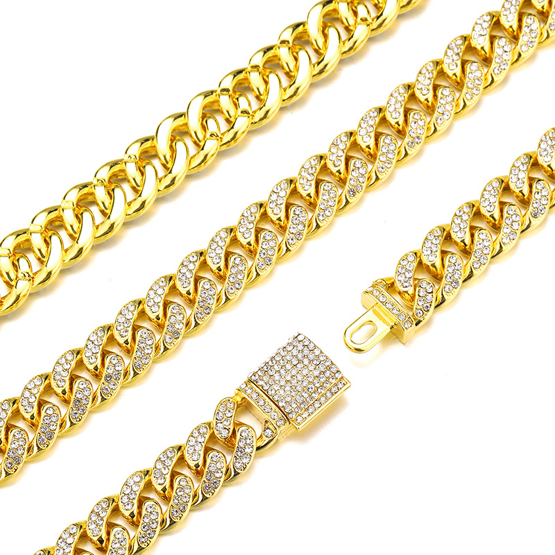 European and American Popular Box Buckle Cuban Link Chain Trendy All-Match Alloy Rhinestone 12mm Men's Necklace Metal Chain Wholesale