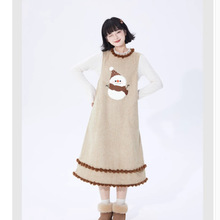 雪人刺绣可爱背心裙冬季长款宽松减龄圆领针织连衣裙