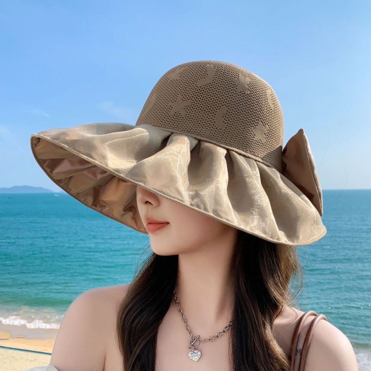 春夏季新款透气蝴蝶结帽子女彩胶防晒大檐甜美蕾丝遮阳旅游太阳帽