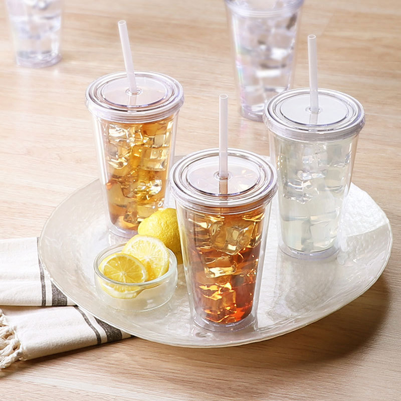 跨境塑料杯双层AS/PS吸管杯16oz冰杯透明冷饮杯子创意广告杯批发