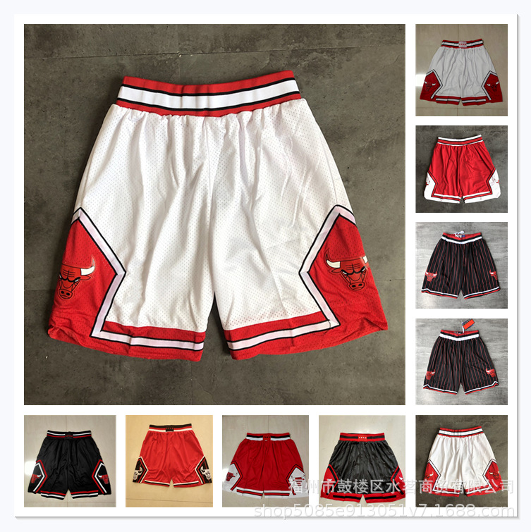 公牛队篮球裤刺绣五分裤复古条纹短裤球员主场比赛球裤白黑色红色