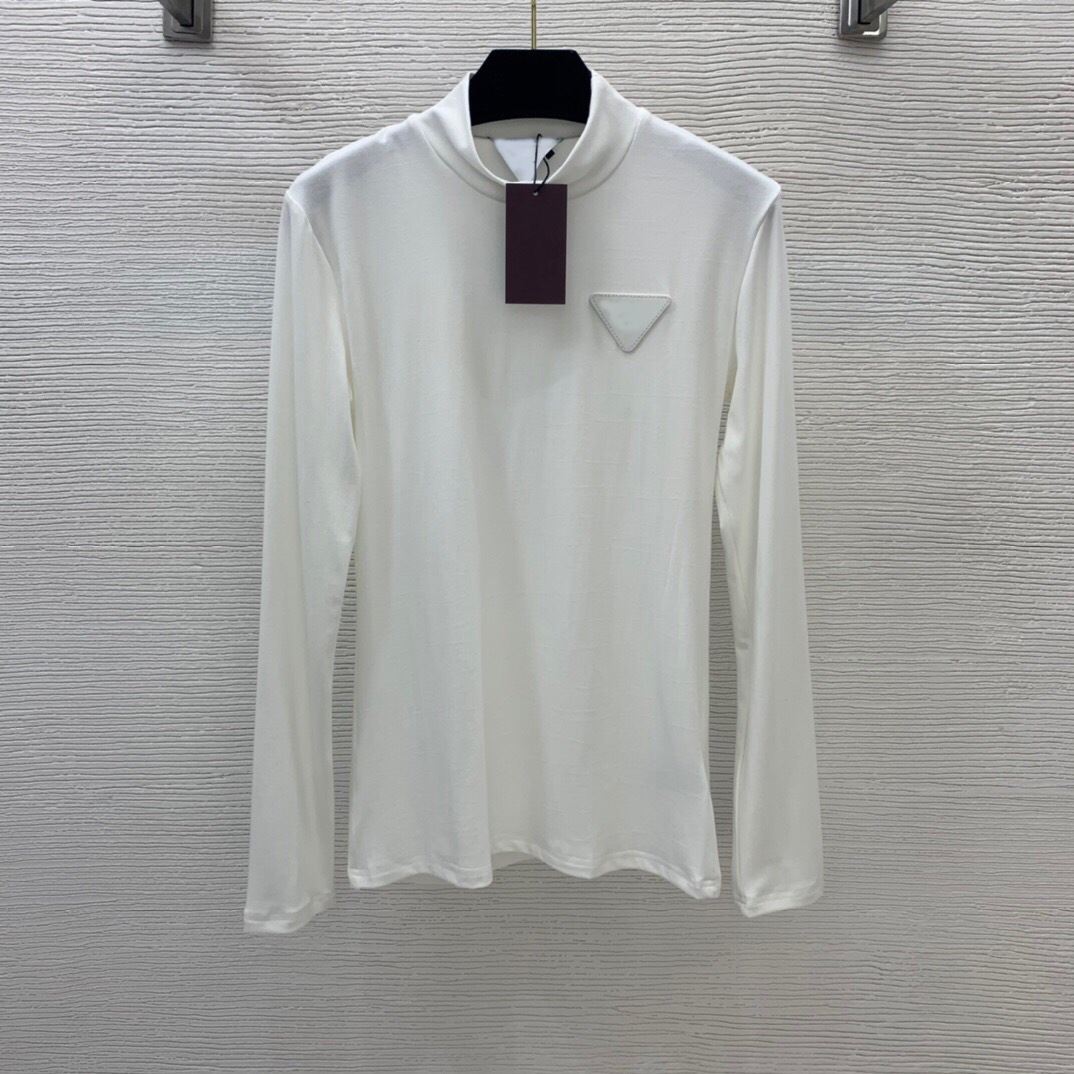 欧洲站新款打底衫胸前倒三角标图案字母高领长袖t恤上衣