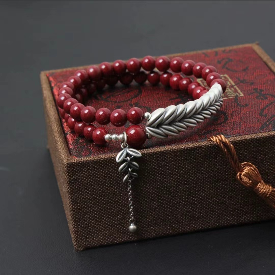 朱砂手链男女情侣款999足银麦穗手链手串原矿高含量紫金砂手链