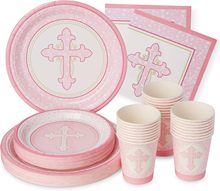 粉色洗礼第一次圣餐女孩洗礼一次性餐具套装纸杯纸盘纸巾布置用品