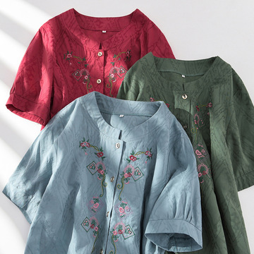 奶奶夏装短袖棉麻套装中老年人女装开衫唐装老人太太衣服妈妈衬衫