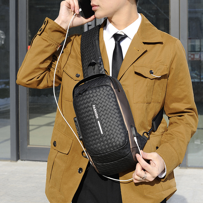 Men's New Woven Motorcycle Bag Multi-Functional Large Capacity Anti-Theft Chest Bag Usb Charging Sports One-Shoulder Crossbody Bag