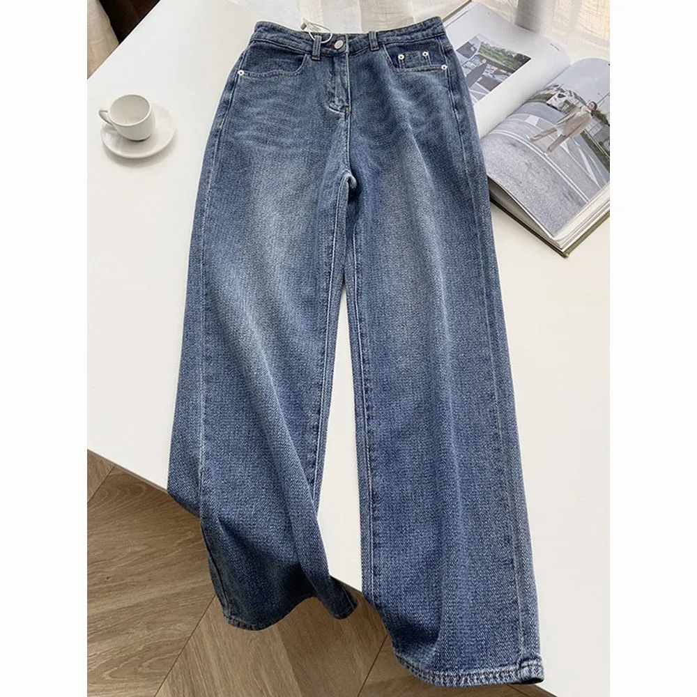 American Retro Blue Straight Jeans Women's Spring and Autumn Design Sense Niche High Waist Loose Wide Legs Mop Pants