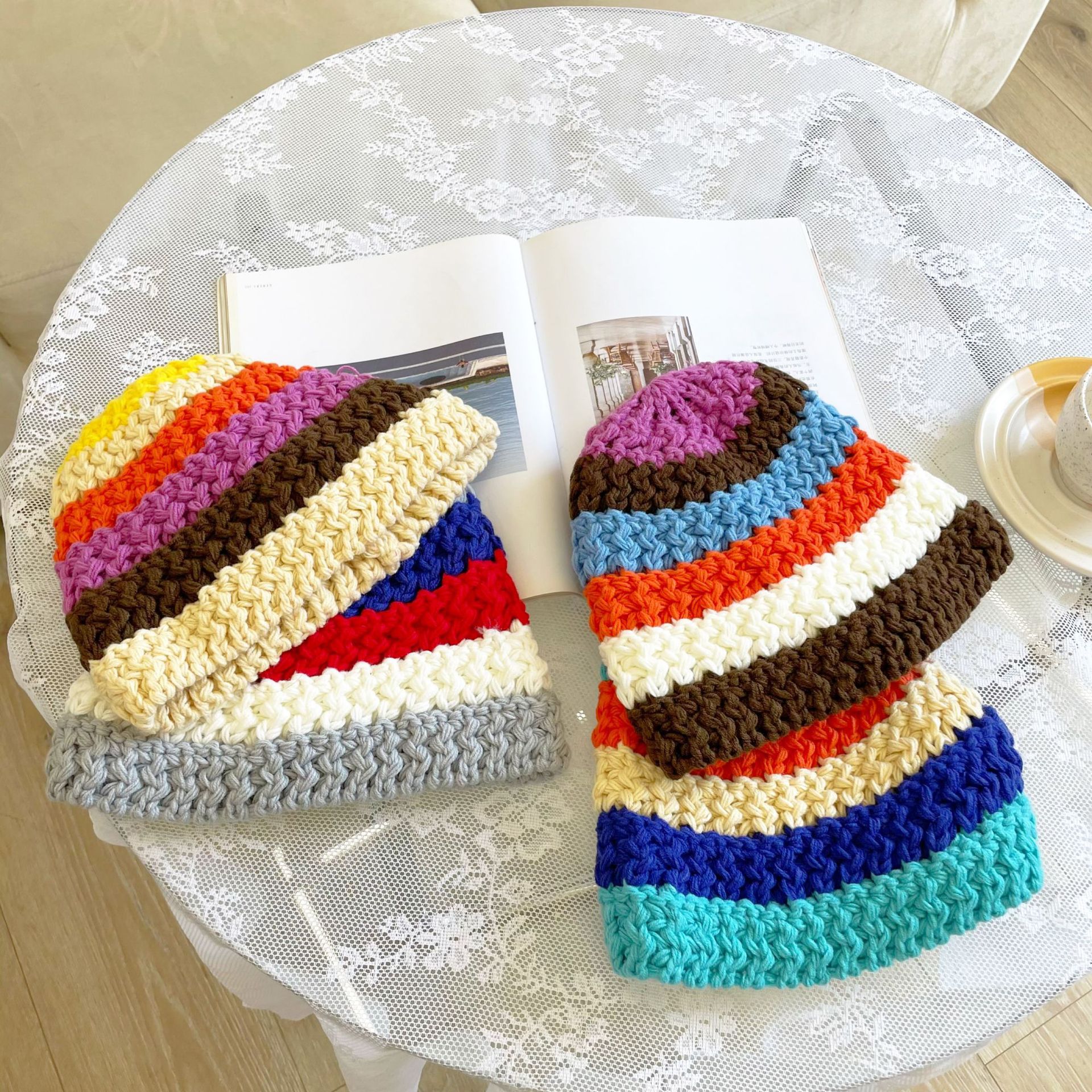 网红ins泫雅可爱彩虹条纹毛线盆帽秋冬手工钩针凹造型渔夫帽子女