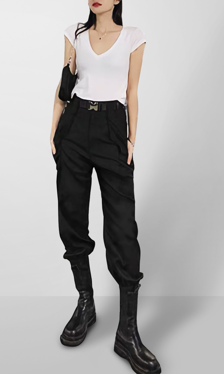 工装裤女2020秋冬季纯棉加绒高腰口袋系腰带黑色休闲宽松束脚长裤