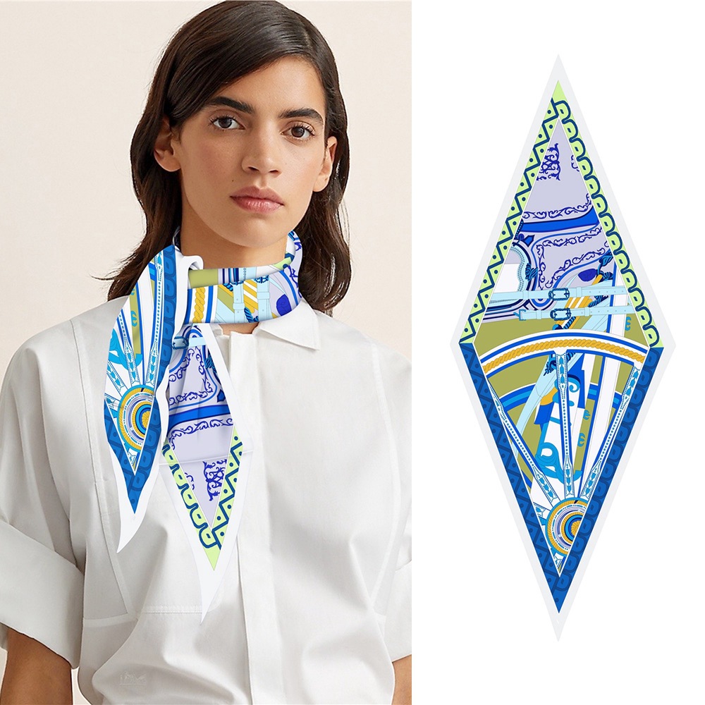 跨境百搭菱形巾车轮链条女士斜纹装饰气质小领巾飘带丝巾围巾批发