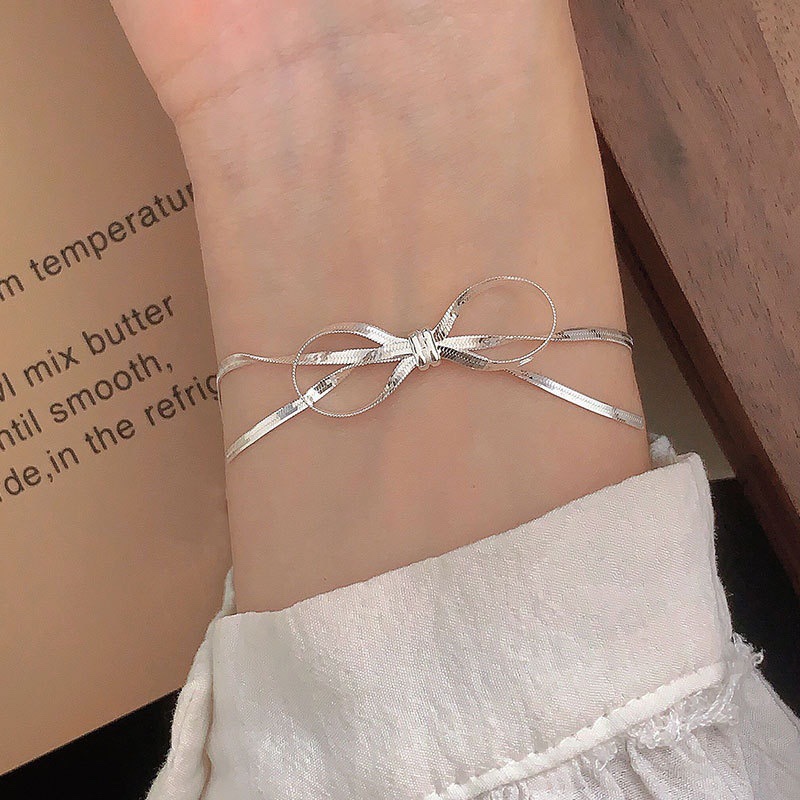 s925 sterling silver blade chain bow bracelet female niche ins design korean style high sense simple all-match bracelet