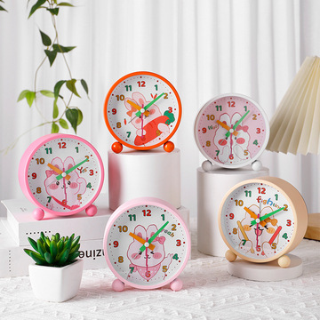 创意新款卡通萌小兔子金属学生闹钟扫秒静音夜灯打铃儿童床头钟表