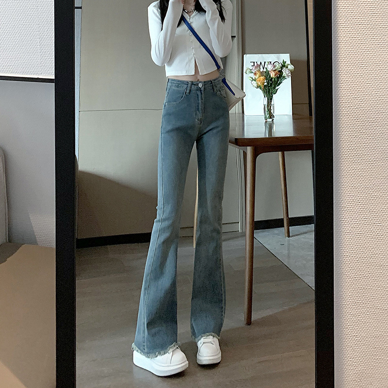 High Waist Retro Stretch Skinny Jeans for Women 2023 Spring New Korean Style Slim Fit Slimming Frayed Hem Bell-Bottom Trousers Pants