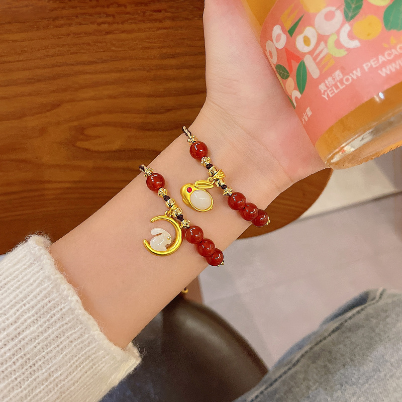 Chinese Style Jequirity Bean Bow Jade Hare Fu Character Bracelet Birth Year Red Bead Rabbit Year Red Rope Bracelet Temperament Bracelet