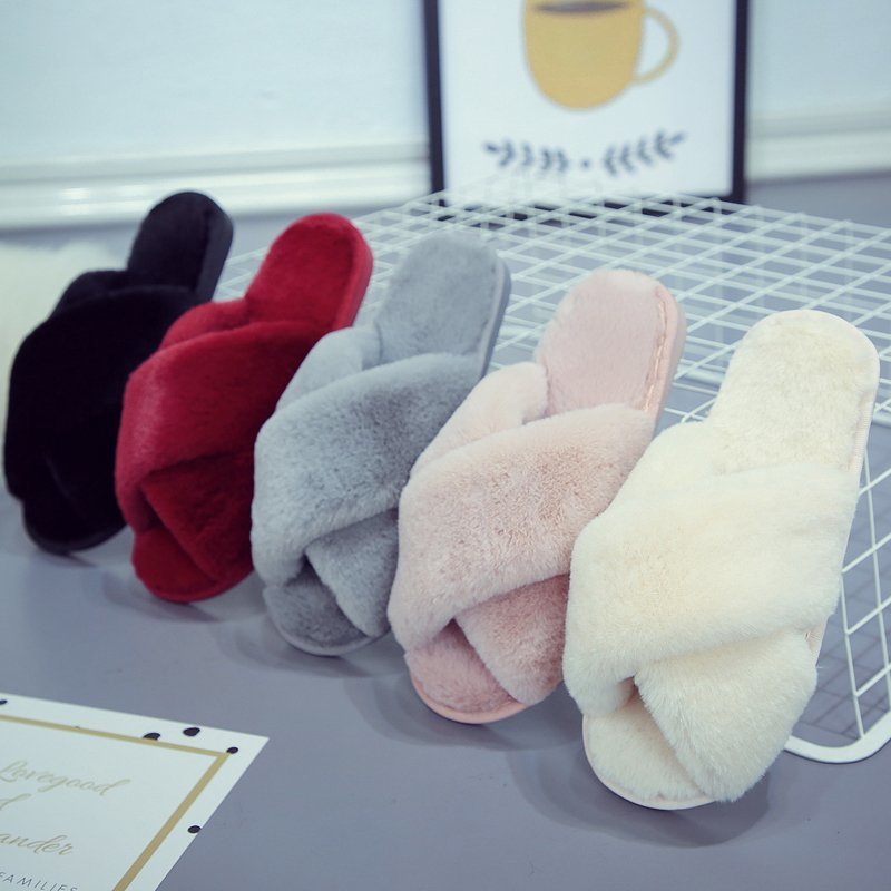 Cross Fluffy Slippers Women's Winter Foreign Trade Amazon 43 plus Size Home Plush Open Toe Warm Sewing Cotton Slippers Wholesale