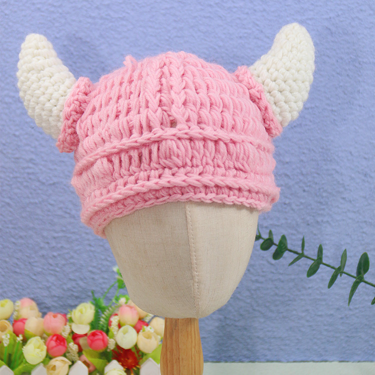 抖音痞幼同款牛角帽 纯手工毛线钩织帽 成人搞怪创意亲子帽针织帽