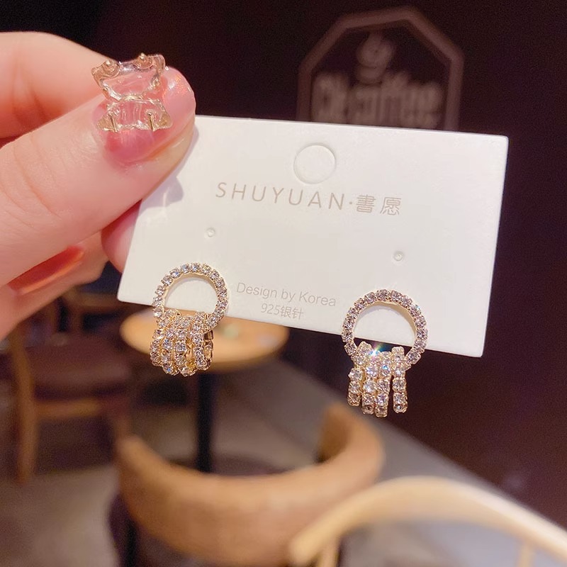 小香风精致满钻几何圈圈耳环气质时尚耳钉简约网红个性轻奢耳饰女