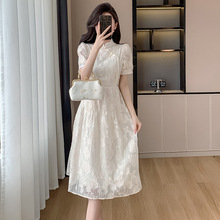 2024夏季新款新中式旗袍高级感中国风盘扣蕾丝中长短袖白色连衣裙