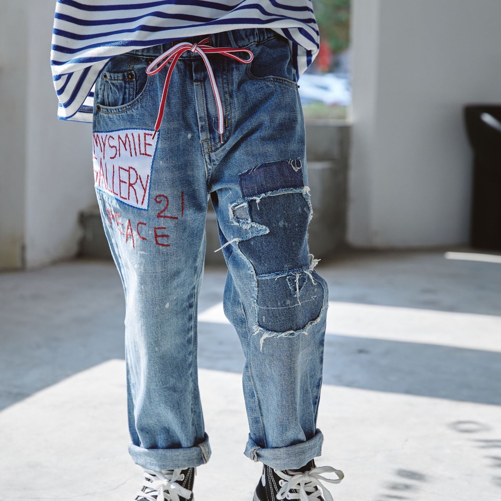 现货 补丁牛仔裤 2021新款日系中大童洗水牛仔绣花复古贴布裤