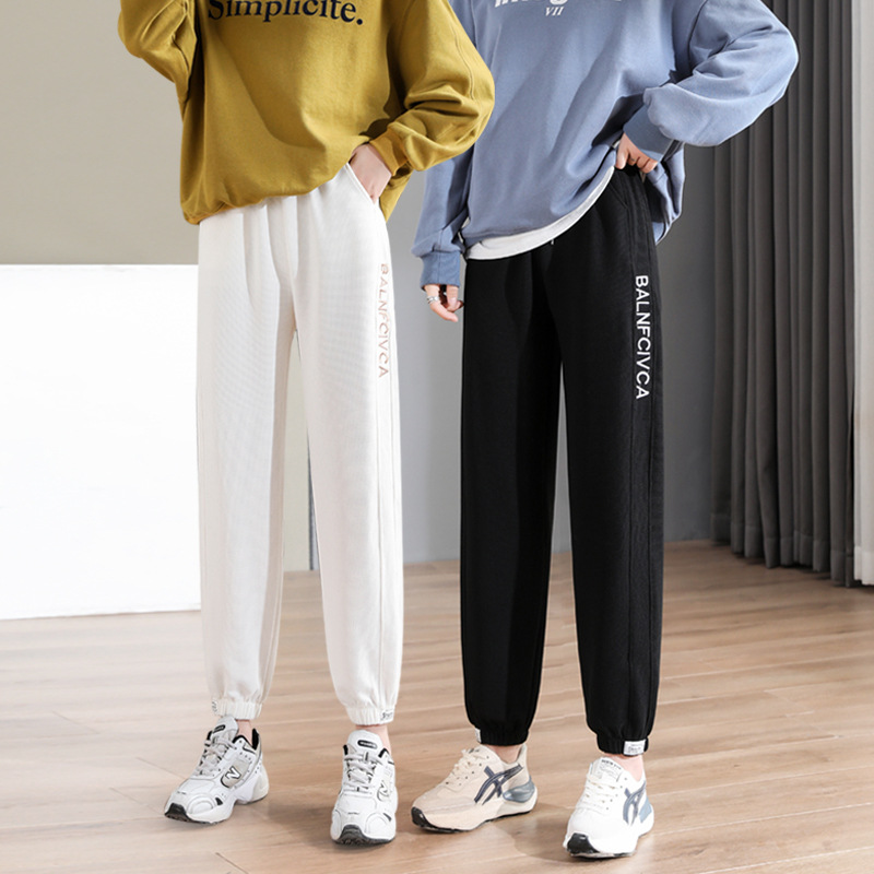 华夫格束脚裤2022春季新款刺绣字母宽松显瘦九分休闲运动裤卫裤女