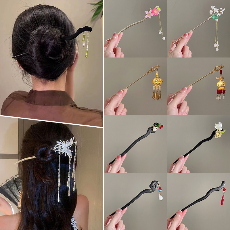 New Chinese Style Wooden Hairpin Female Antique Hair Clasp Simple Modern Wooden Hair Clasp Alloy Lantern Updo Hair Clasp Hair Accessories Headdress