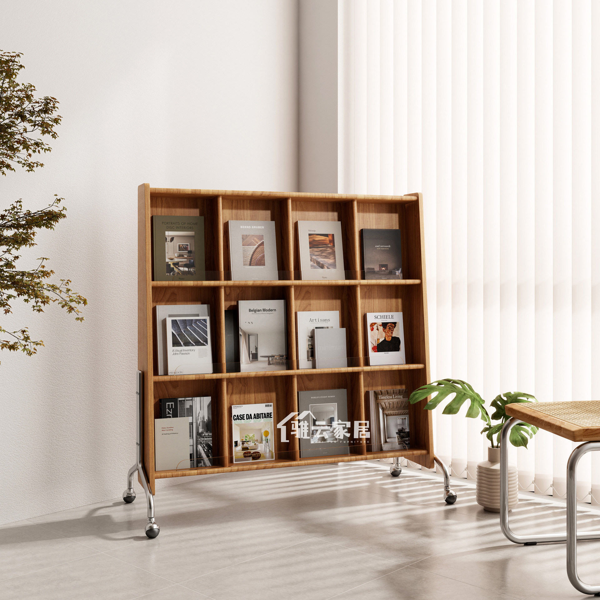 北欧日式阅读架可移动展示架落地实木书架收纳唱片cd架报刊杂志架