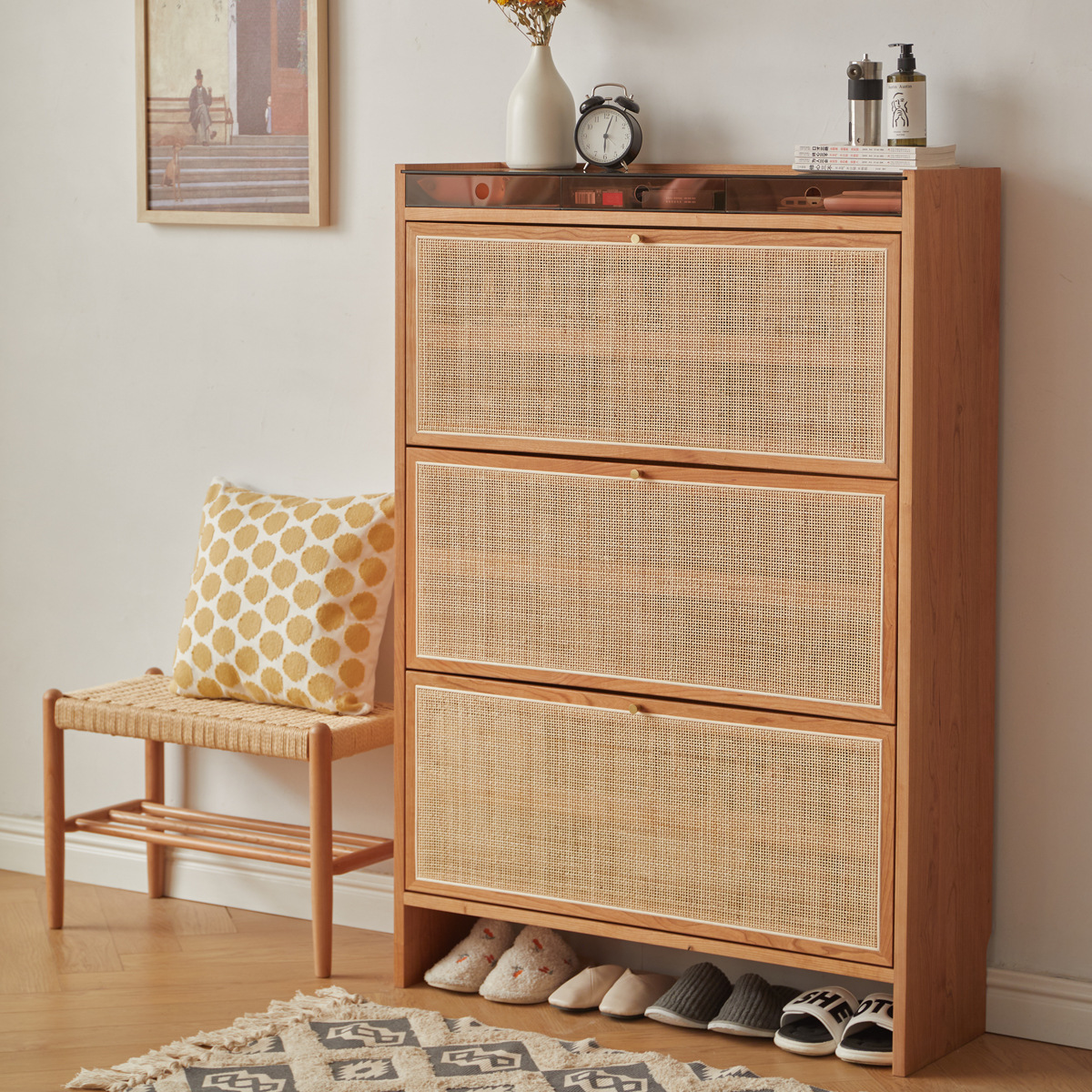 北欧樱桃木鞋柜门口藤编实木收纳玄关柜客厅靠墙隔断翻斗透气鞋柜