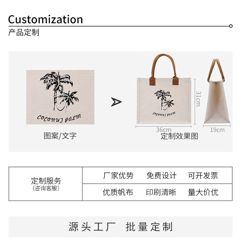 Portable Canvas Bag Large Capacity PU Leather Portable Shopping Bag Character Printing Commuter Tote Canvas Bag