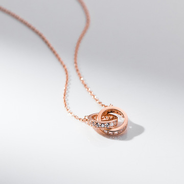 s925纯银镶钻双圈吊坠项链小众设计感圆环气质锁骨链配饰女y00656