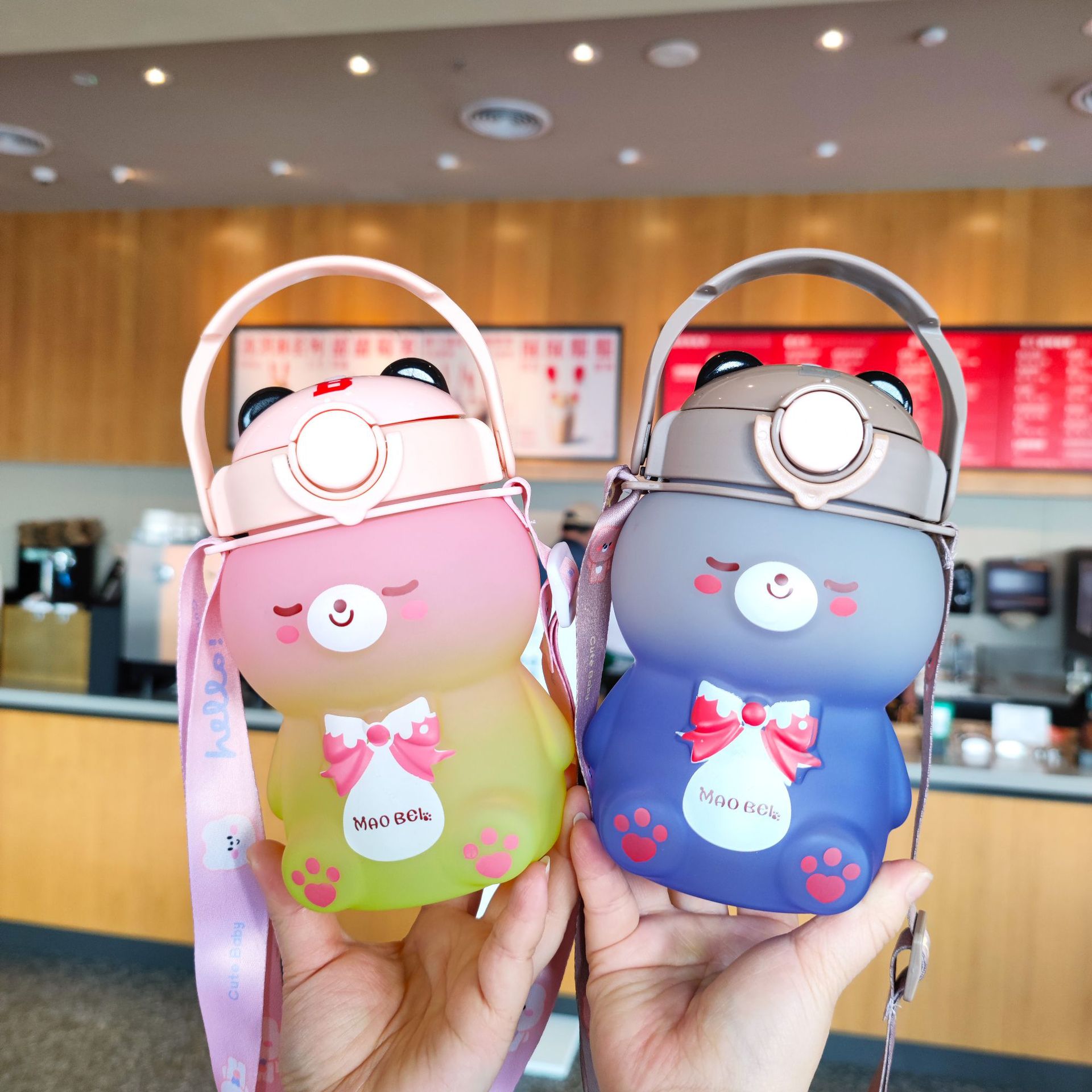 B57 Korean Style Cute Small Animal Style Cat Cup with Straw Cartoon Primary and Secondary School Students Outdoor Strap Bounce Cover Water Cup