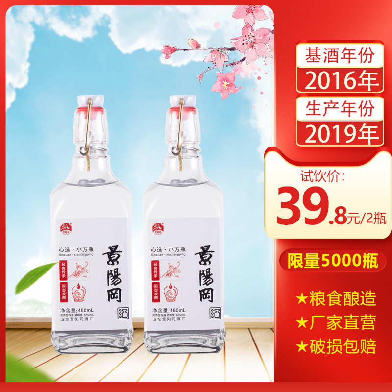 试饮酒 景阳冈52度心选小方瓶浓香型粮食白酒480ml*2瓶装