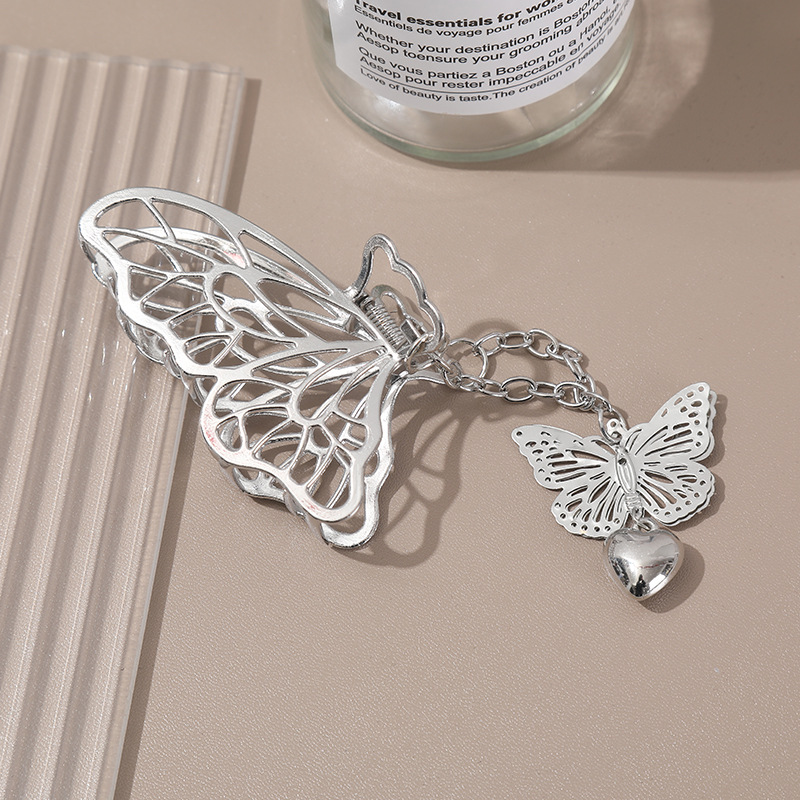 鲨鱼夹韩国蝴蝶吊坠发夹发卡金属立体女式发抓链条后脑勺装饰抓夹