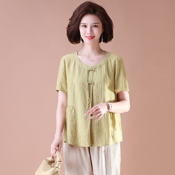 新中式妈妈夏装短袖棉麻衬衫洋气上衣2024新款中老年母亲节t恤衫