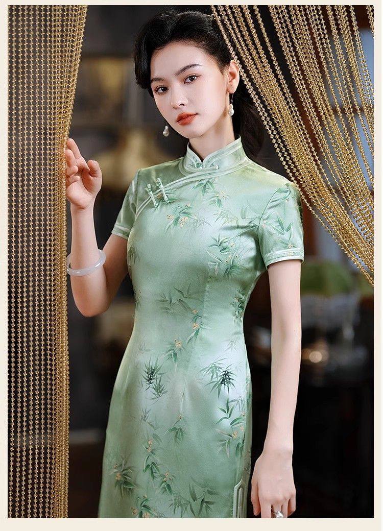 正品真丝桑蚕丝旗袍裙长款复古洋气年轻气质高贵典雅日常修身款夏