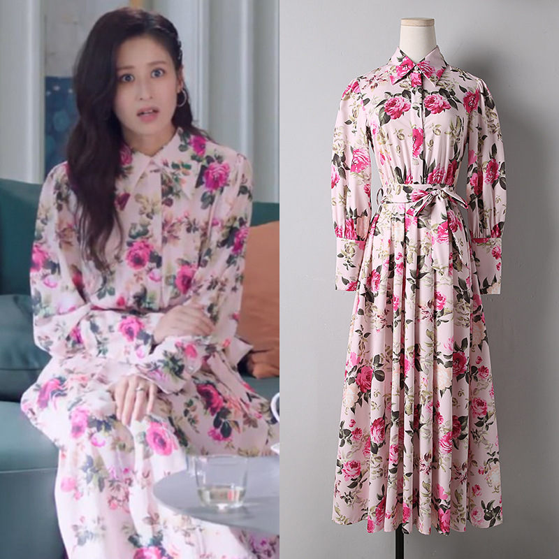 明星大颖儿林芸芸同款衣服夏季碎花连衣裙中长款长袖裙子女-阿里巴巴