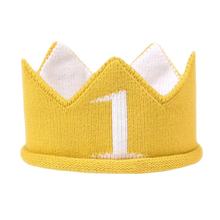 外贸婴幼儿针织毛线皇冠帽子空顶生日帽1岁宝宝摄影拍照套头帽黄