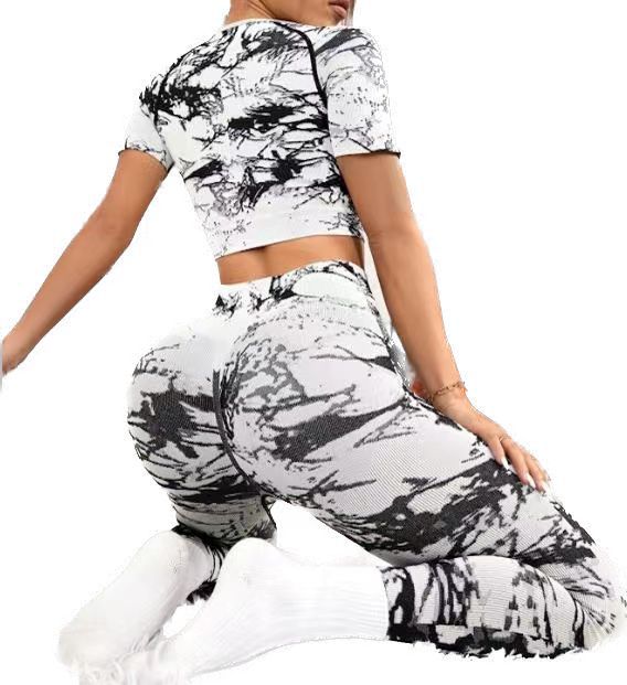 Europe and America Cross Border Fitness Suit Tie-Dye High Waist Hip Lift Tights Running Sports Short Sleeve Yu Sports Clothing Women