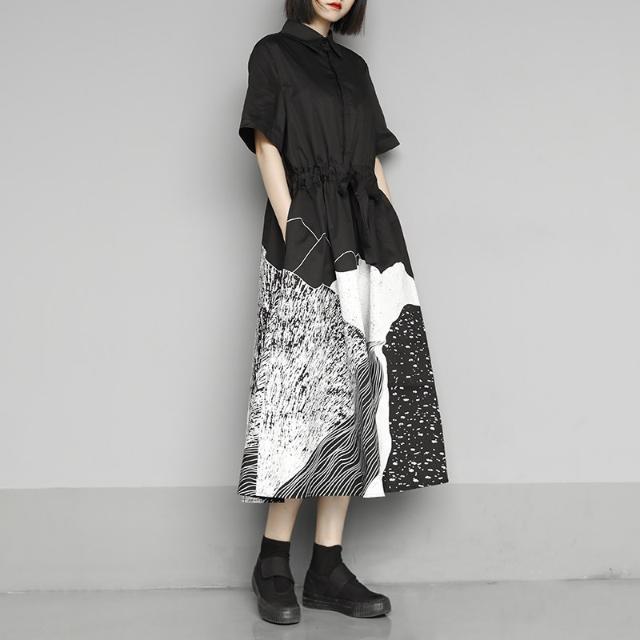 外贸意大利女装余单复古短袖衬衫裙显瘦中长款设计感印花连衣裙潮