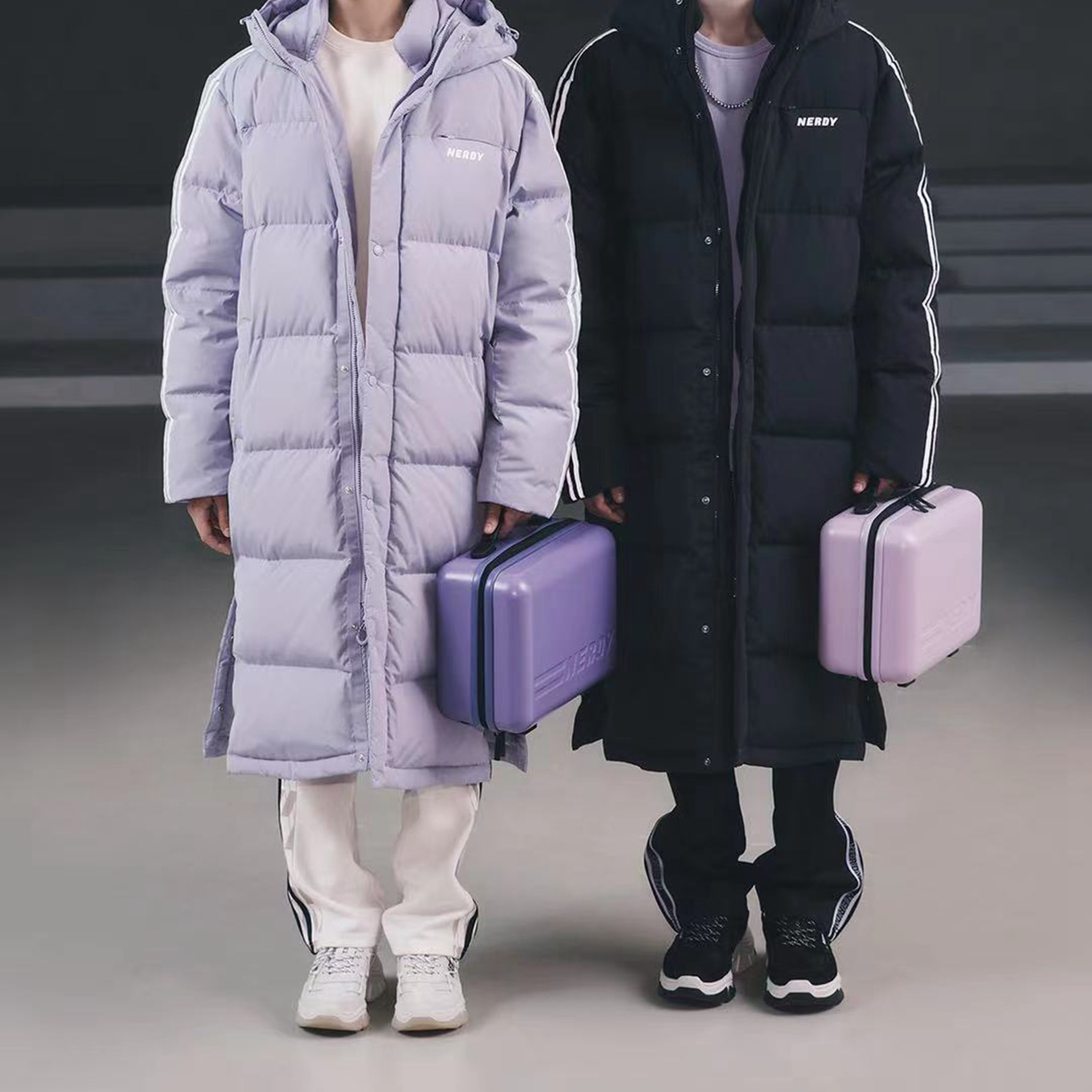 现货新款nerdy反光条韩国潮牌男女情侣款白鸭绒长款连帽羽绒服