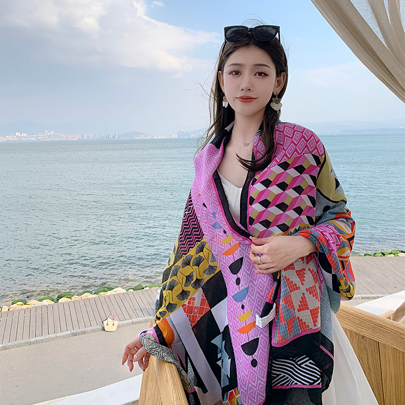 Retro Purple Street Red Dust Travel Sun Protection Silk Scarf Women's Summer Ethnic Style Scarf Outer Wear Long Thin Seaside Shawl