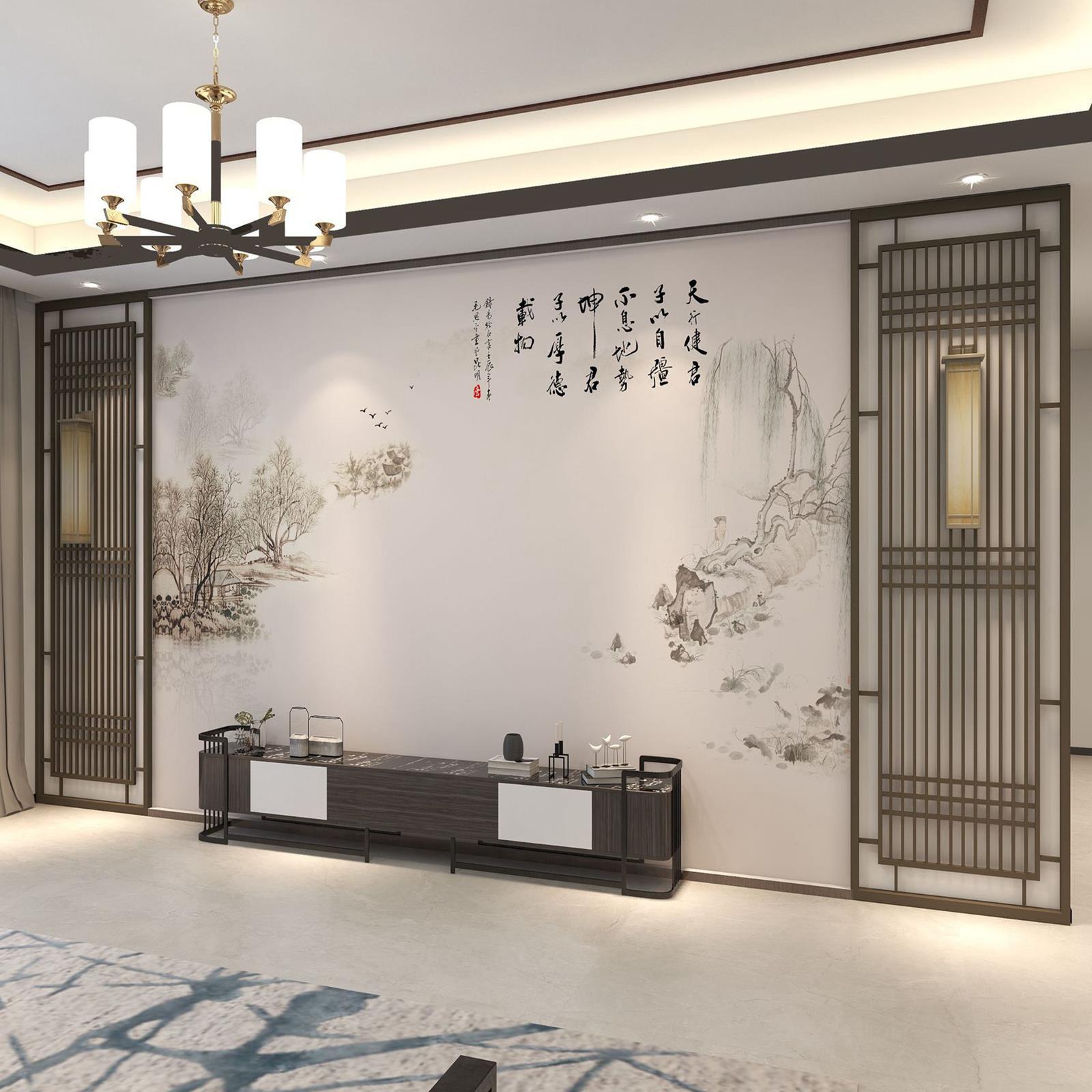 新中式电视背景墙壁布2022年新款山水墙纸客厅沙发卧室墙布壁画