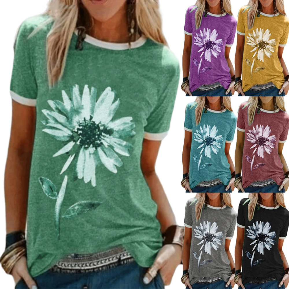 2020亚马逊跨境跨境外贸女上衣 欧美宽松花卉图案印花圆领短袖t恤
