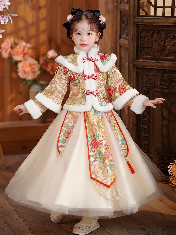 女童新年装中国风古装冬季加绒汉服儿童装拜年服女孩加厚公主裙