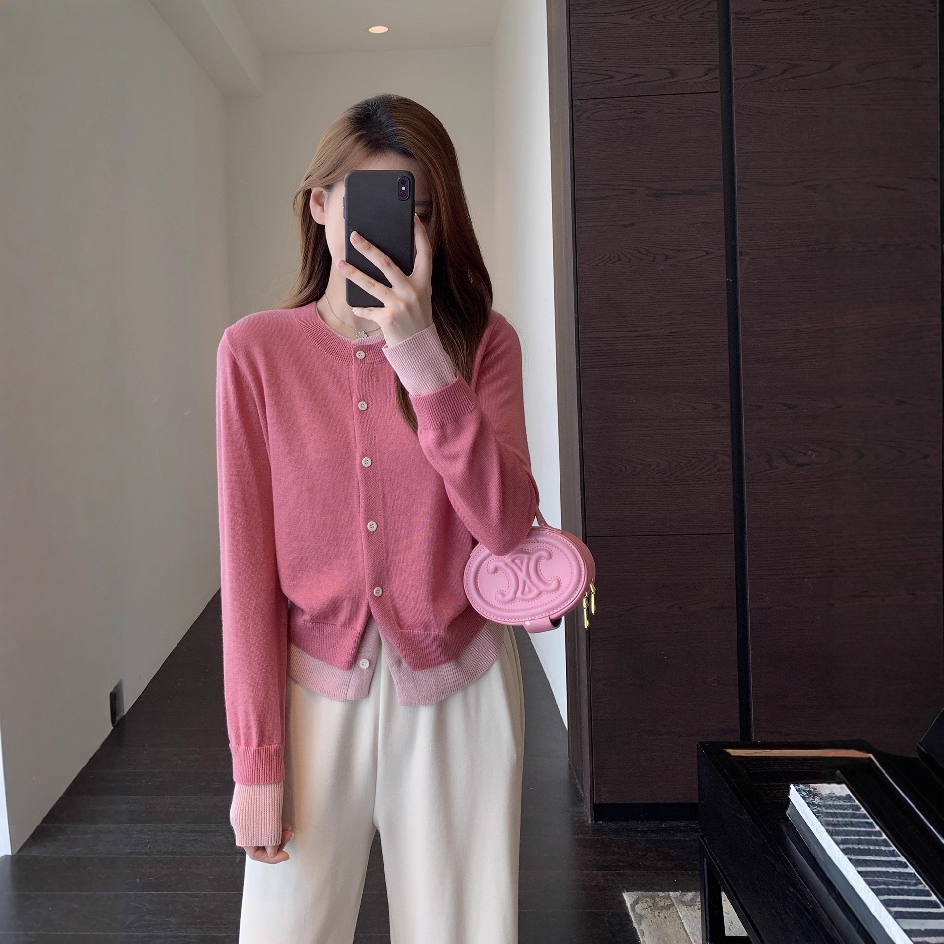 颜色好美 显白减龄时髦假两件粉色针织开衫女外套25秋冬新G101011