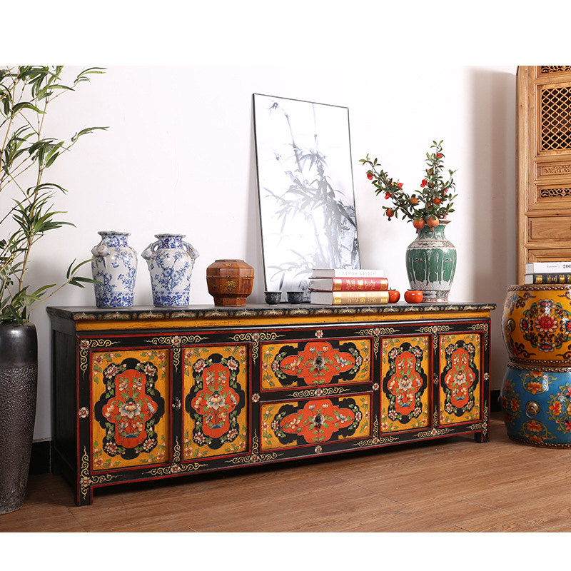 新中式彩绘藏式电视柜彩漆客厅老榆木仿古餐边柜复古手绘简约茶几