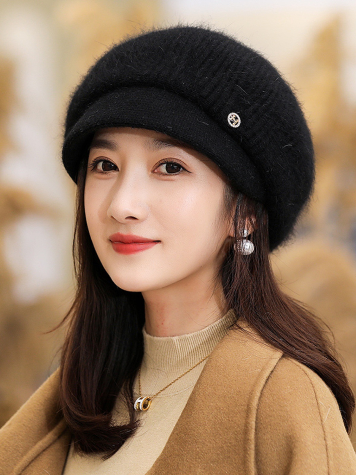帽子女秋冬季加厚保暖小沿鸭舌帽贝雷帽防风护耳针织毛线帽韩版潮