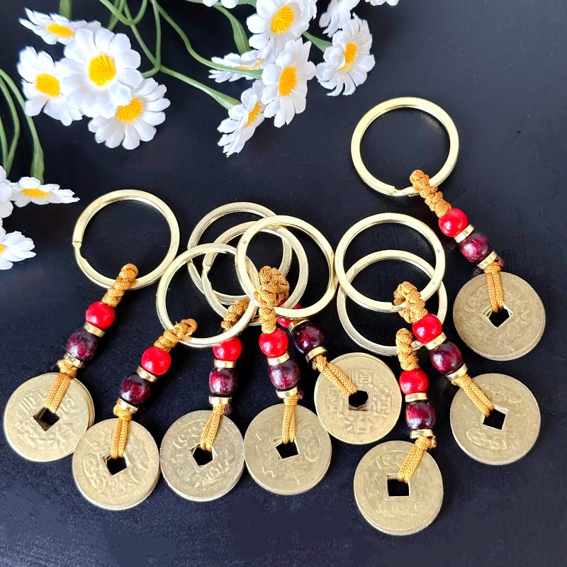 5个铜钱防铜手工编织挂件 五帝钱钥匙扣挂件 汽车钥匙挂件 1元店