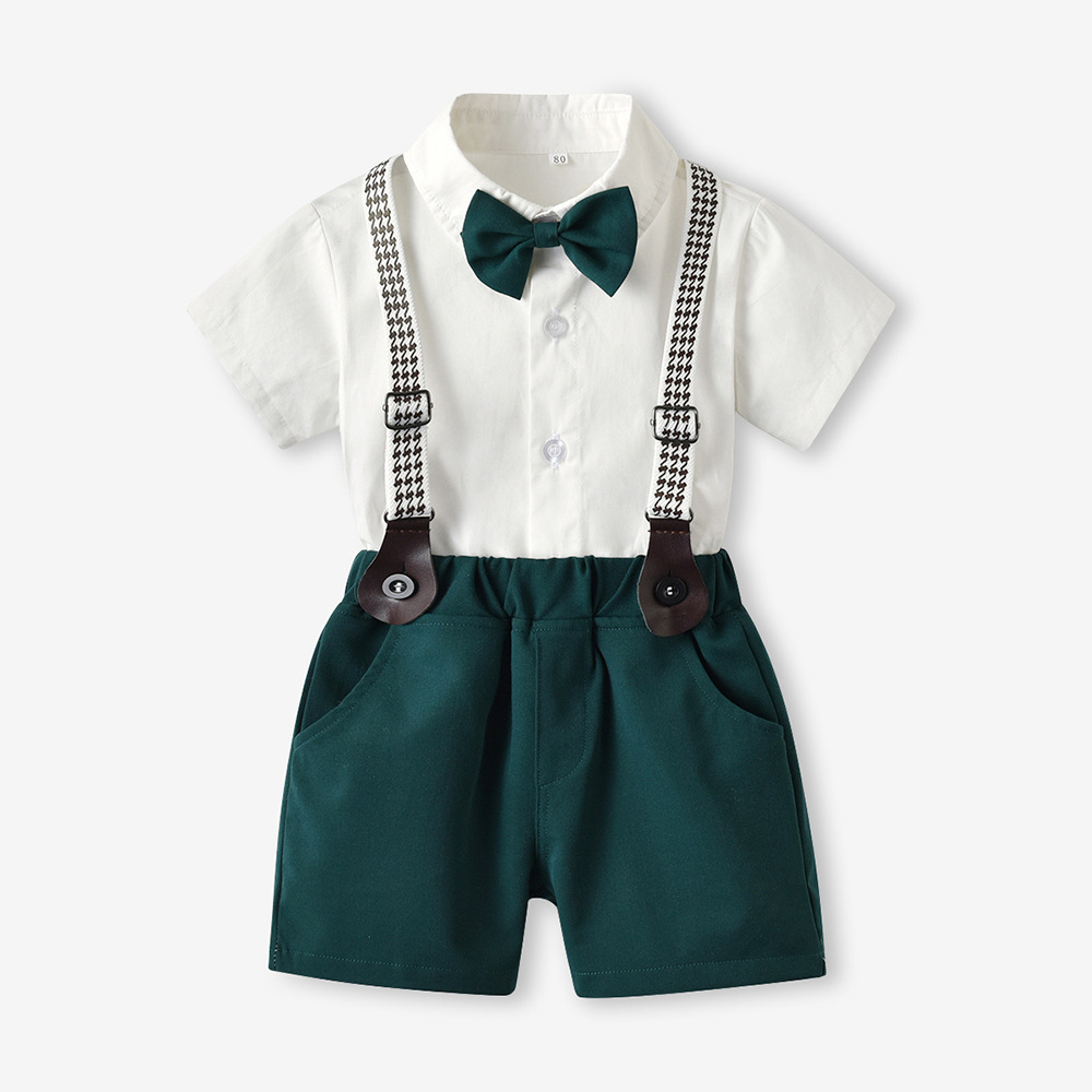 Children's Clothing Summer Children's Short-Sleeved Cotton White Shirt Suspender Bow Dress Wholesale Boys' Suit