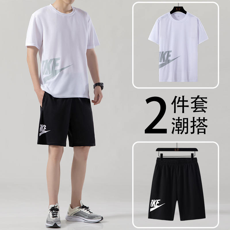 2022 Men's Short-Sleeved T-shirt Summer Trendy Loose plus Size Casual Ice Silk Sports Suit Running Fitness Clothes