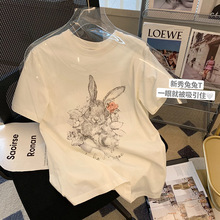 纯棉 包边领兔子花朵印花短袖t恤女2023年夏新款可爱减龄休闲体恤